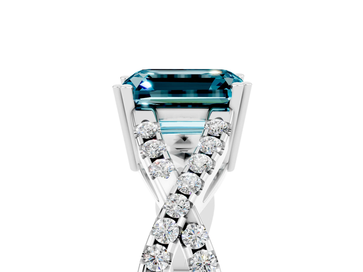 Emerald Cut Blue Topaz Solitaire Ring in White gold with Interwoven Pavé Band and Prong Setting_5