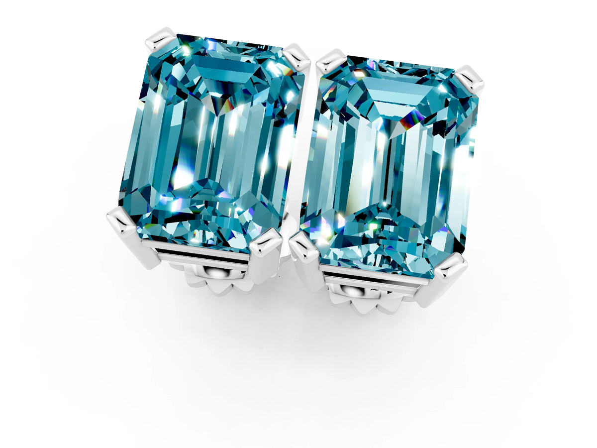 Emerald Cut Blue Topaz Stud Earrings in White gold with Basket Setting_1