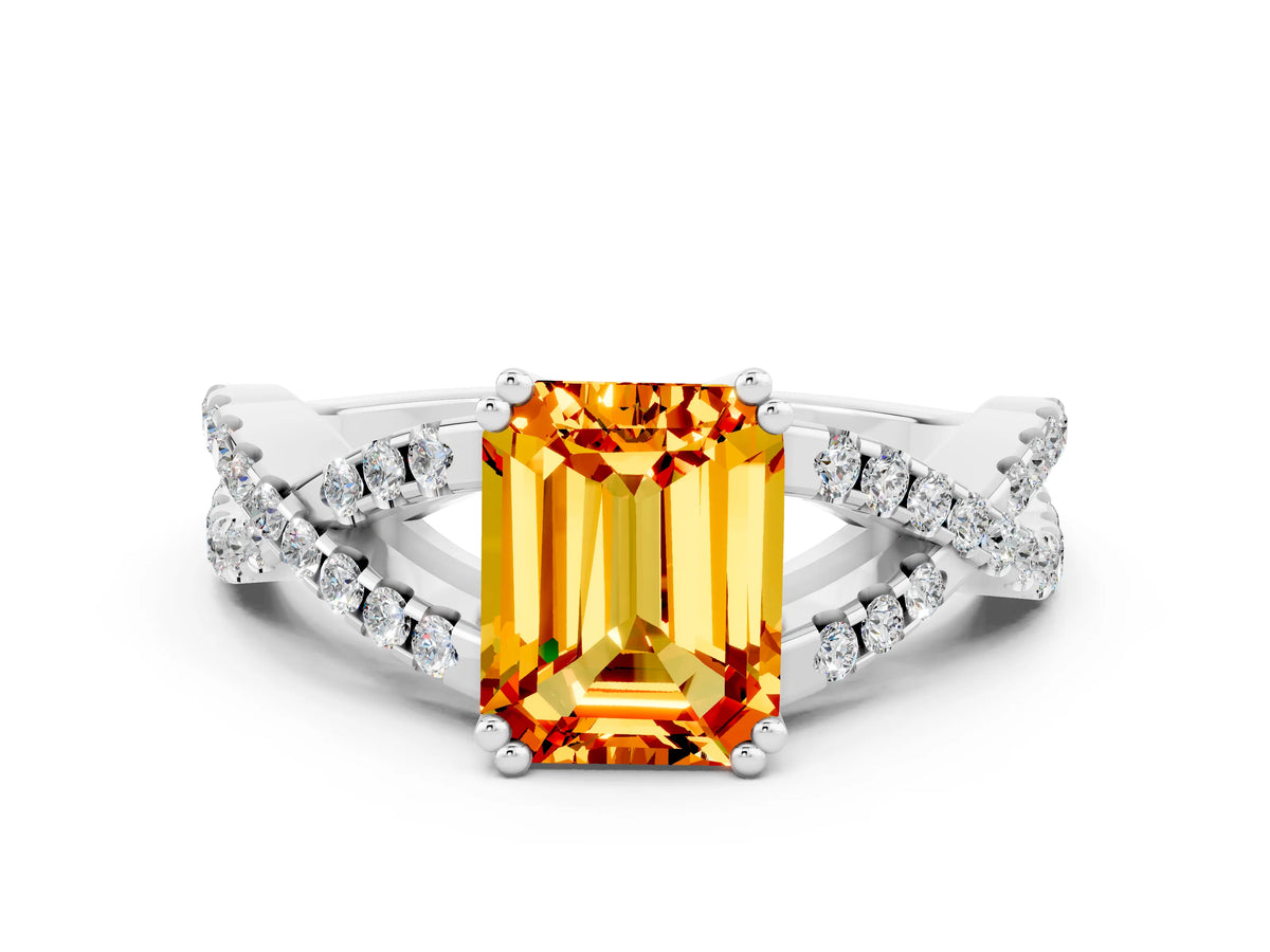 Emerald Cut Citrine Solitaire Ring in Platinum with Interwoven Pavé Band and Prong Setting_6