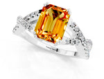 Emerald Cut Citrine Solitaire Ring in Silver with Interwoven Pavé Band and Prong Setting_7