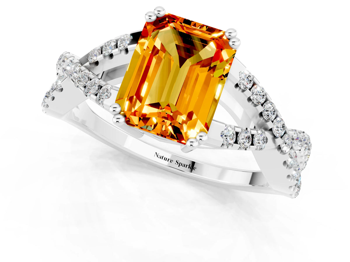 Emerald Cut Citrine Solitaire Ring in Silver with Interwoven Pavé Band and Prong Setting_7