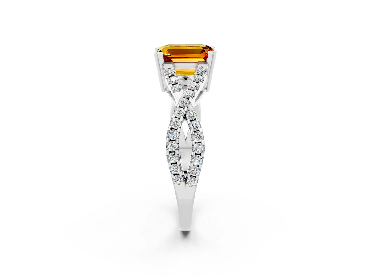 Emerald Cut Citrine Solitaire Ring in Silver with Interwoven Pavé Band and Prong Setting_8