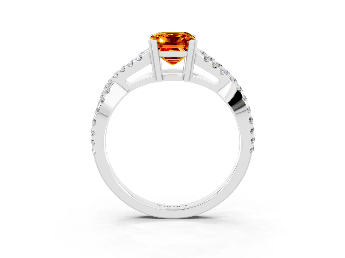 Emerald Cut Citrine Solitaire Ring in White gold with Interwoven Pavé Band and Prong Setting_3