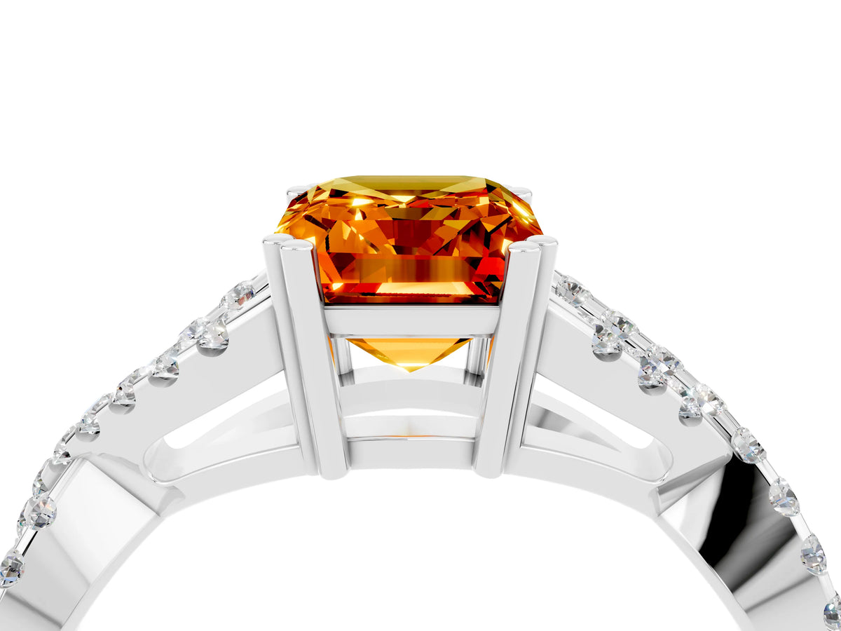 Emerald Cut Citrine Solitaire Ring in White gold with Interwoven Pavé Band and Prong Setting_4