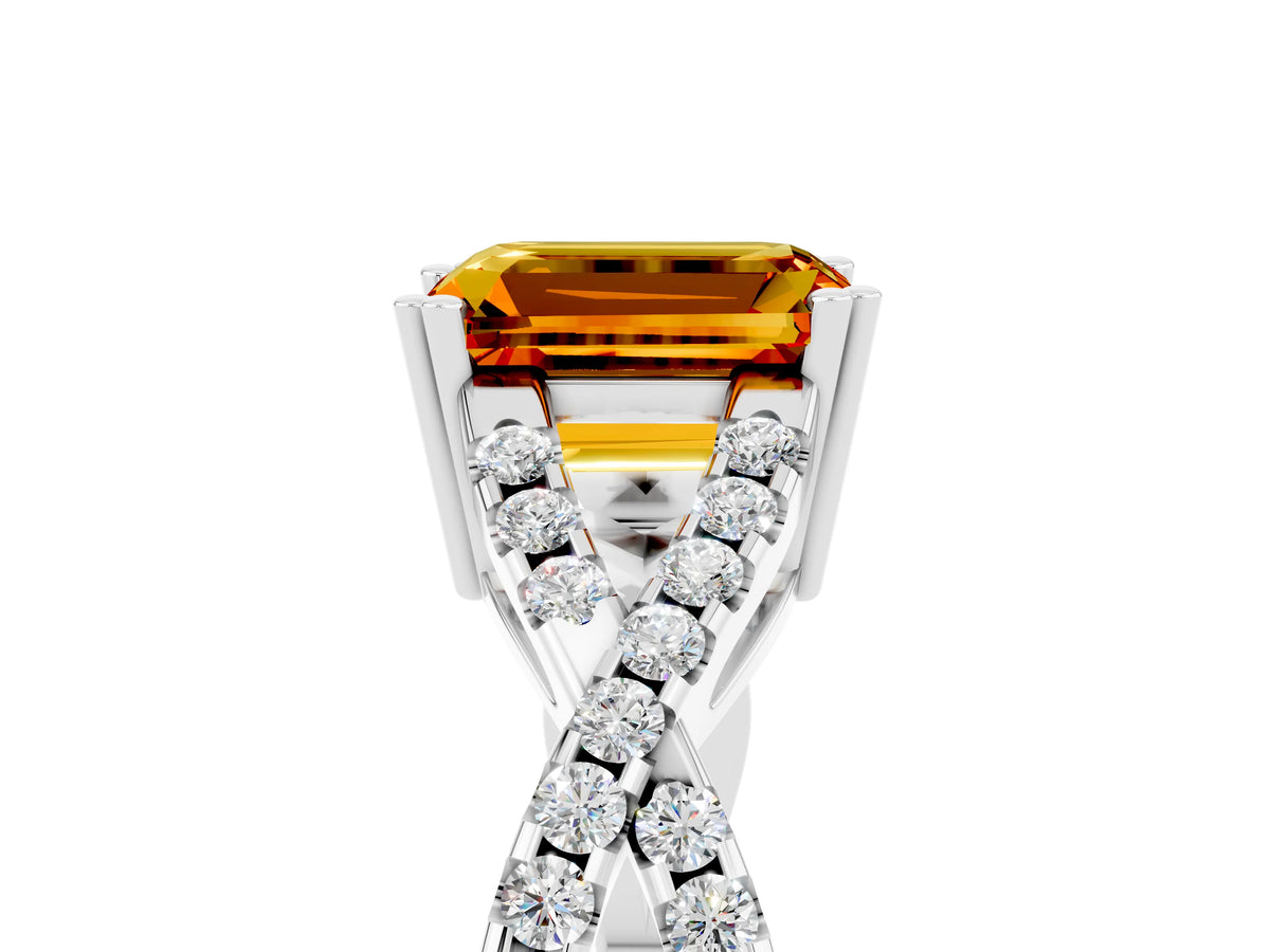Emerald Cut Citrine Solitaire Ring in White gold with Interwoven Pavé Band and Prong Setting_5