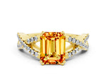 Emerald Cut Citrine Solitaire Ring in Yellow gold with Interwoven Pavé Band and Prong Setting