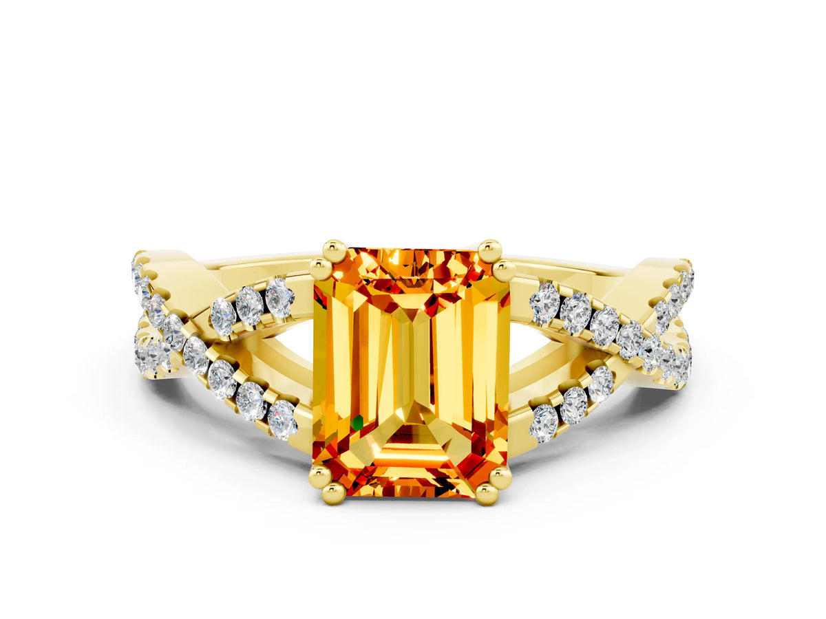 Emerald Cut Citrine Solitaire Ring in Yellow gold with Interwoven Pavé Band and Prong Setting