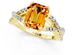 Emerald Cut Citrine Solitaire Ring in Yellow gold with Interwoven Pavé Band and Prong Setting_1
