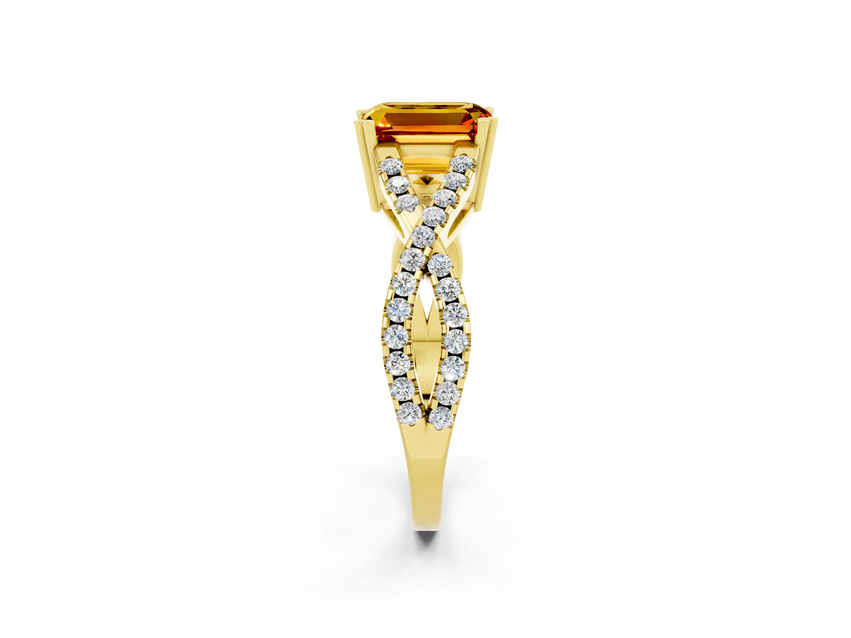 Emerald Cut Citrine Solitaire Ring in Yellow gold with Interwoven Pavé Band and Prong Setting_2