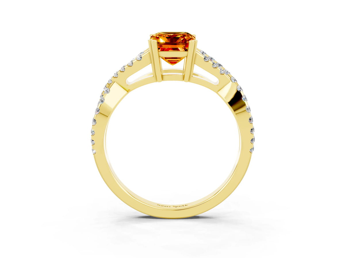 Emerald Cut Citrine Solitaire Ring in Yellow gold with Interwoven Pavé Band and Prong Setting_3