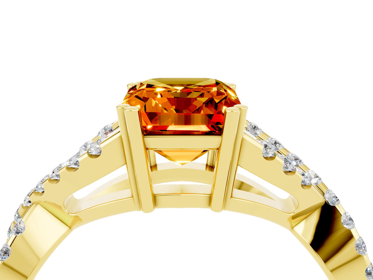 Emerald Cut Citrine Solitaire Ring in Yellow gold with Interwoven Pavé Band and Prong Setting_4