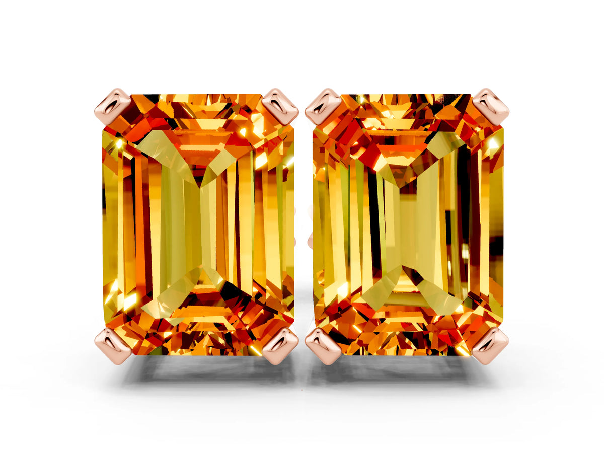 Emerald Cut Citrine Stud Earrings in Rose gold with Basket Setting