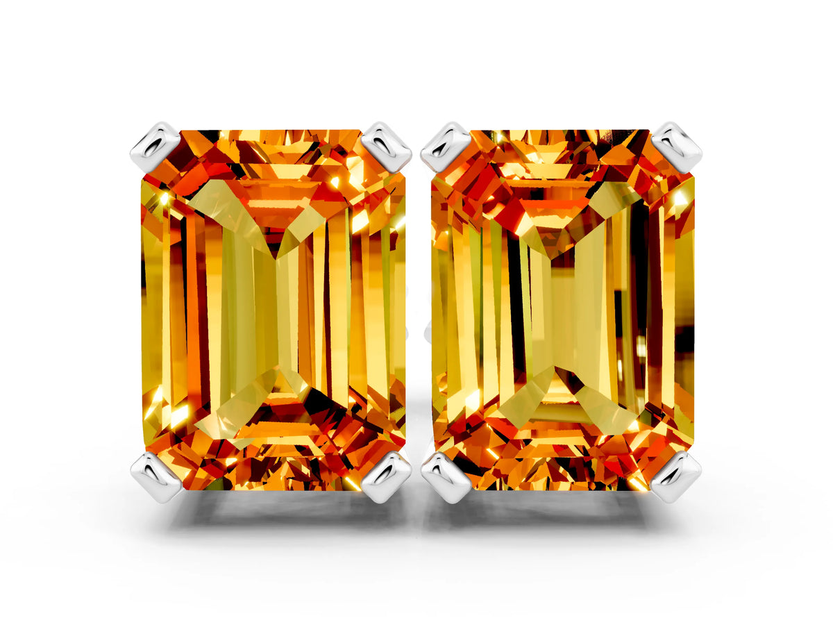 Emerald Cut Citrine Stud Earrings in White gold with Basket Setting