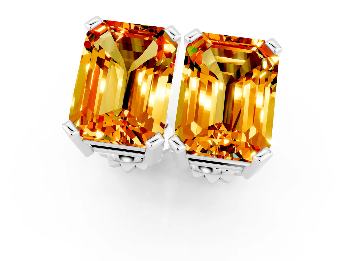Emerald Cut Citrine Stud Earrings in White gold with Basket Setting_1