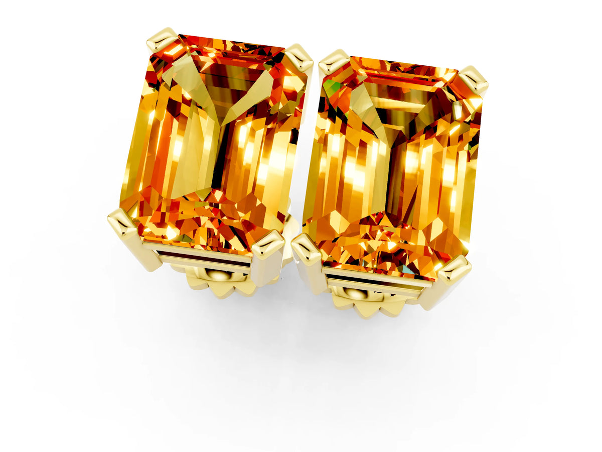 Emerald Cut Citrine Stud Earrings in Yellow gold with Basket Setting_1