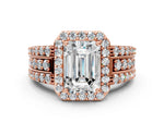 Emerald Cut Diamond Halo Engagement Ring in Rose gold with Triple-Row Round Band_18