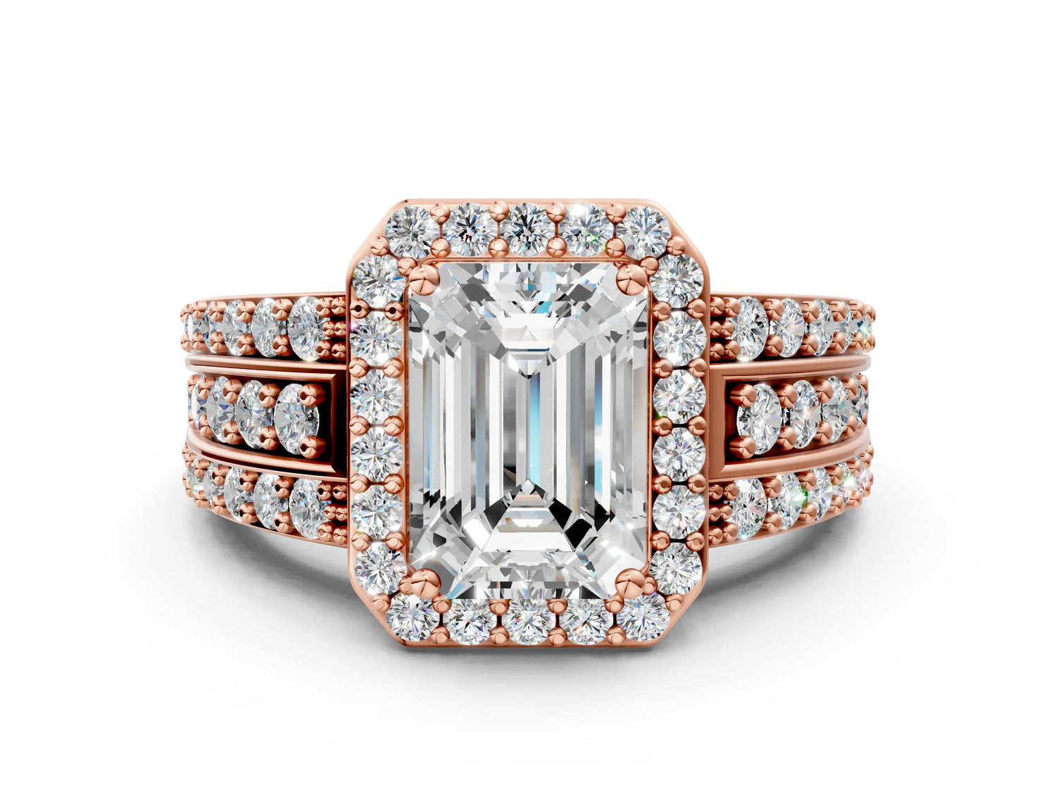 Emerald Cut Diamond Halo Engagement Ring in Rose gold with Triple-Row Round Band_18