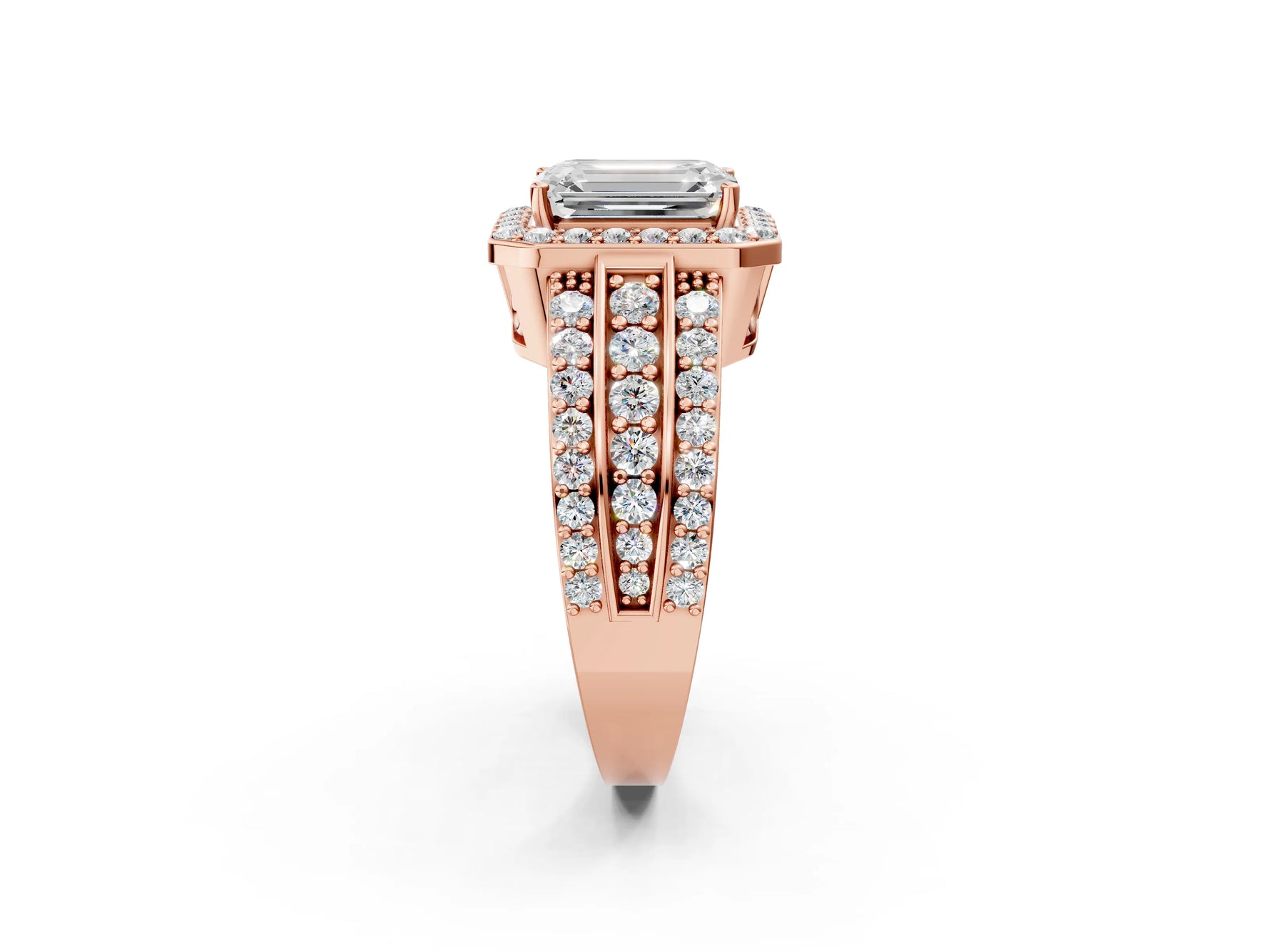 Emerald Cut Diamond Halo Engagement Ring in Rose gold with Triple-Row Round Band_20