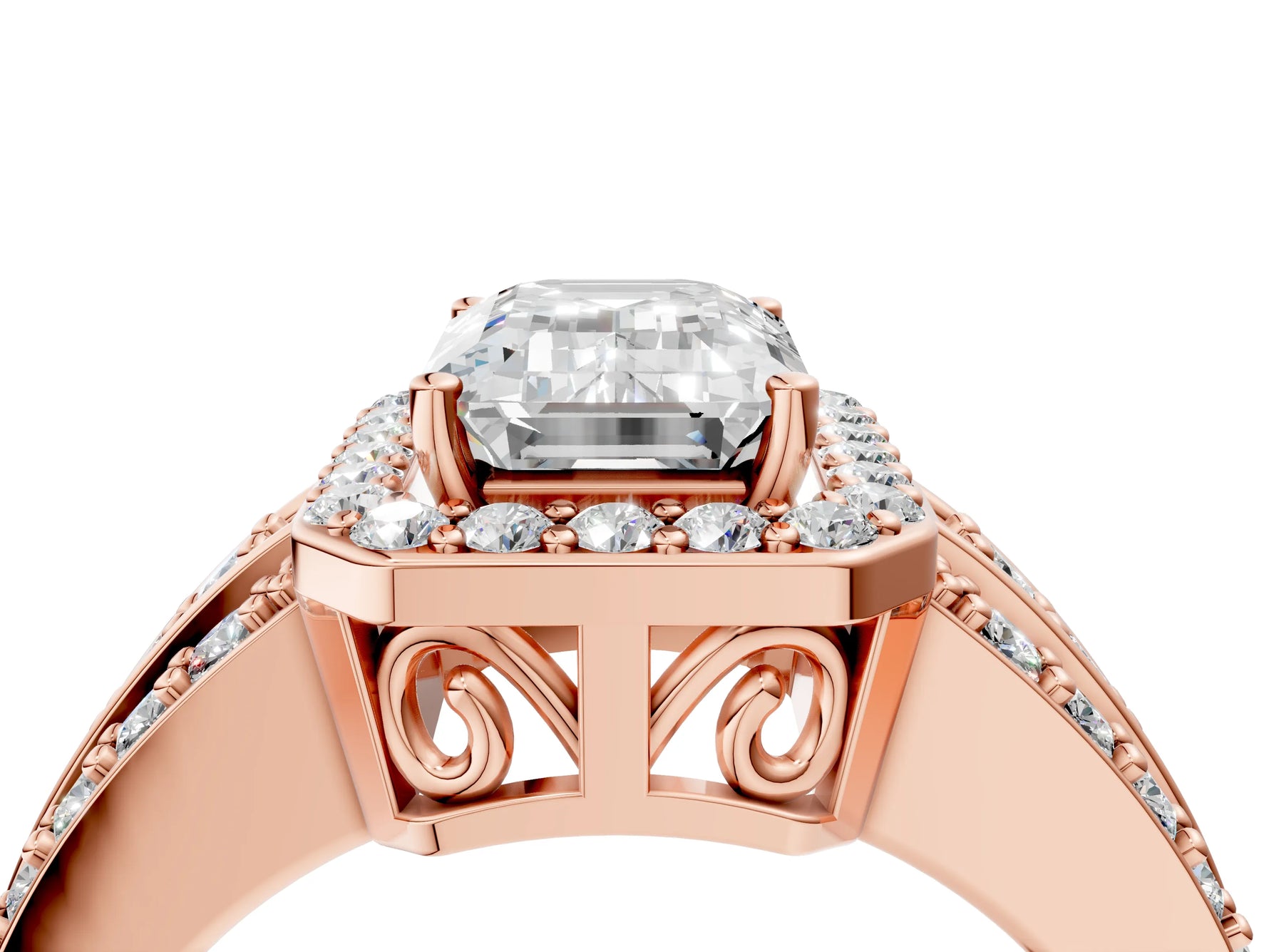 Emerald Cut Diamond Halo Engagement Ring in Rose gold with Triple-Row Round Band_22