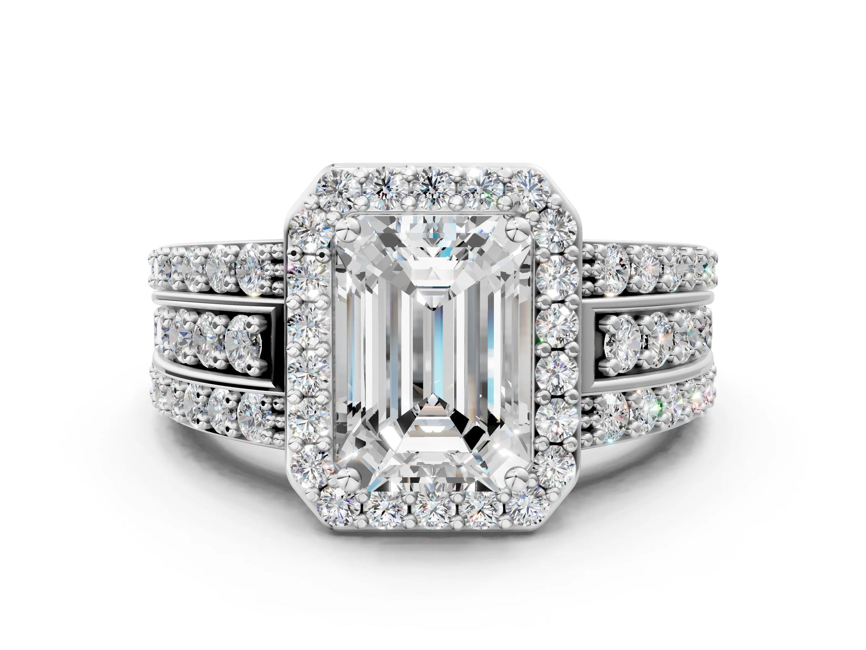 Emerald Cut Diamond Halo Engagement Ring in White gold with Triple-Row Round Band_18