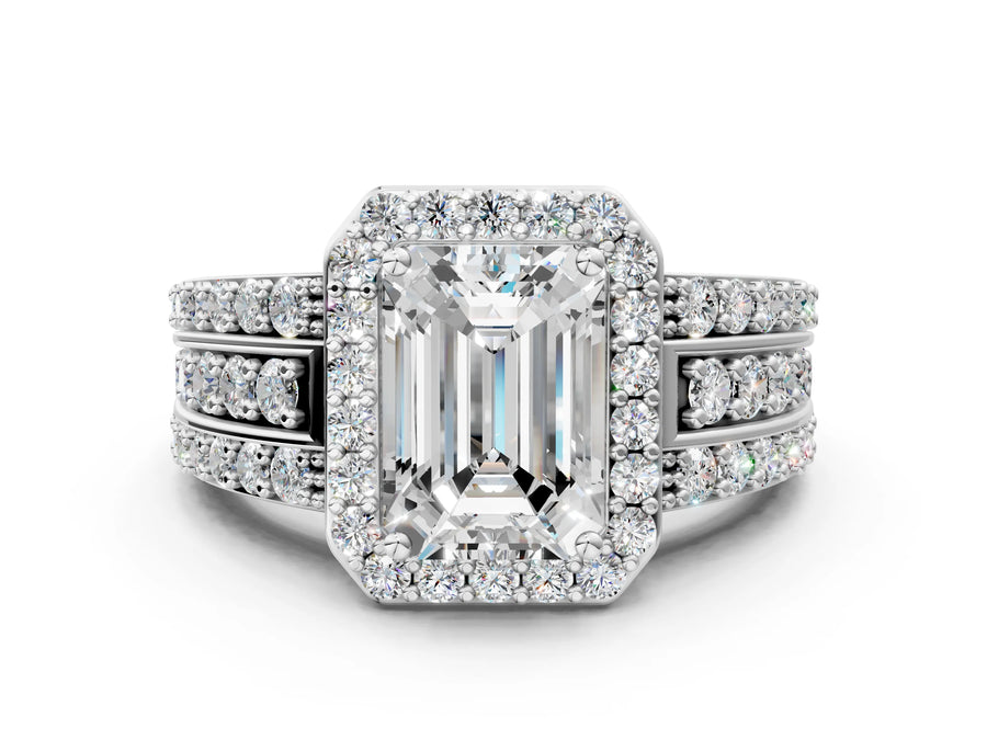 Emerald Cut Diamond Halo Engagement Ring in Platinum with Triple-Row Round Band