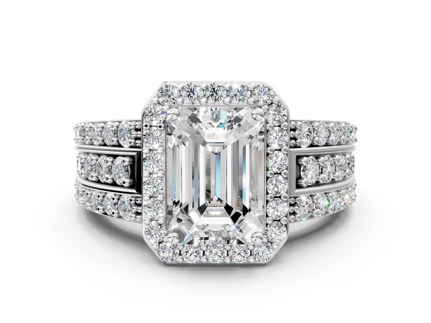 Emerald Cut Diamond Halo Engagement Ring in White gold with Triple-Row Round Band_18