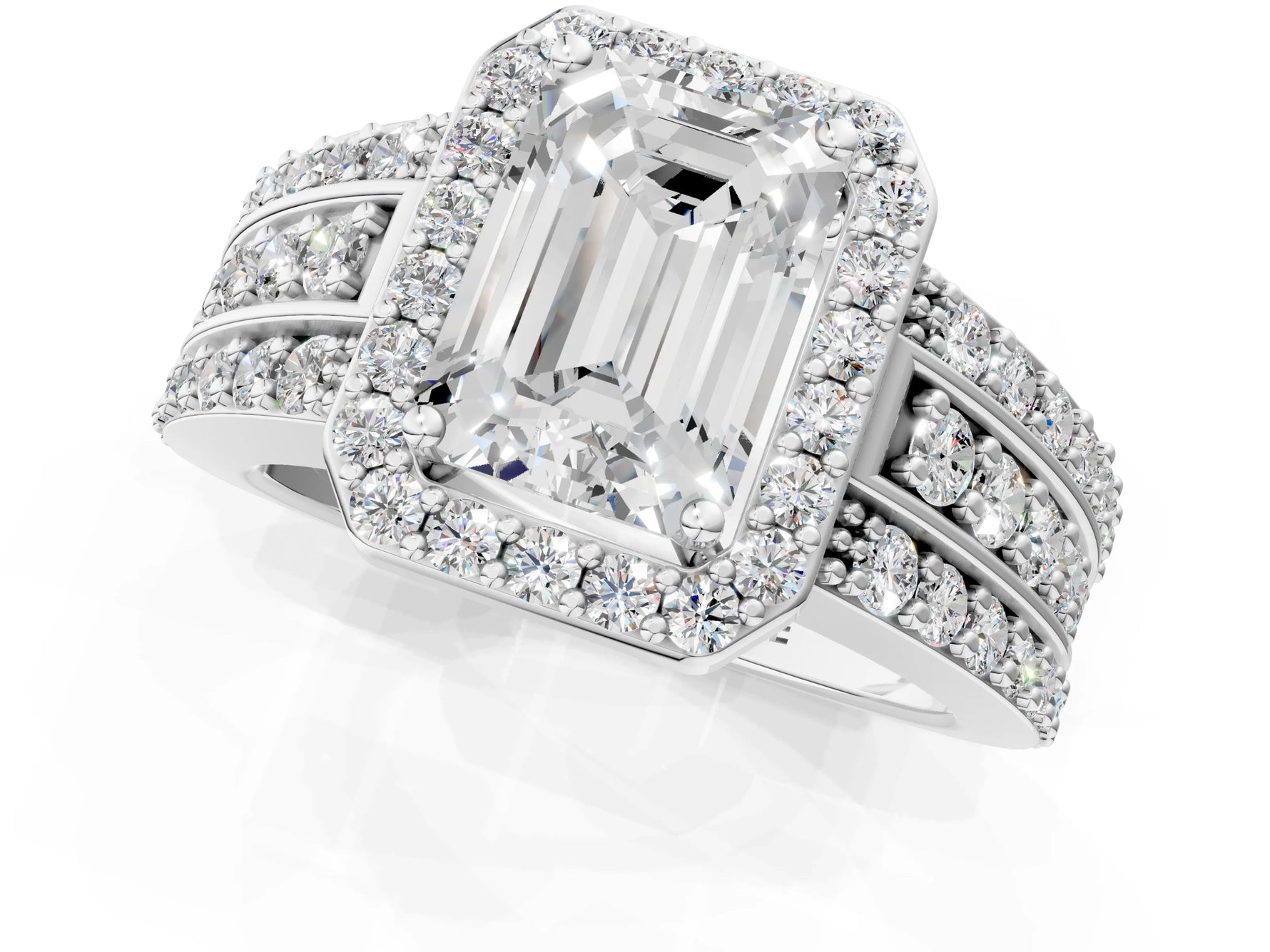 Emerald Cut Diamond Halo Engagement Ring in White gold with Triple-Row Round Band_19