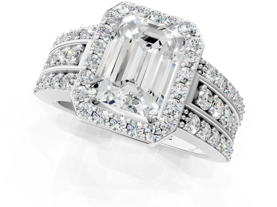 Emerald Cut Diamond Halo Engagement Ring in Platinum with Triple-Row Round Band
