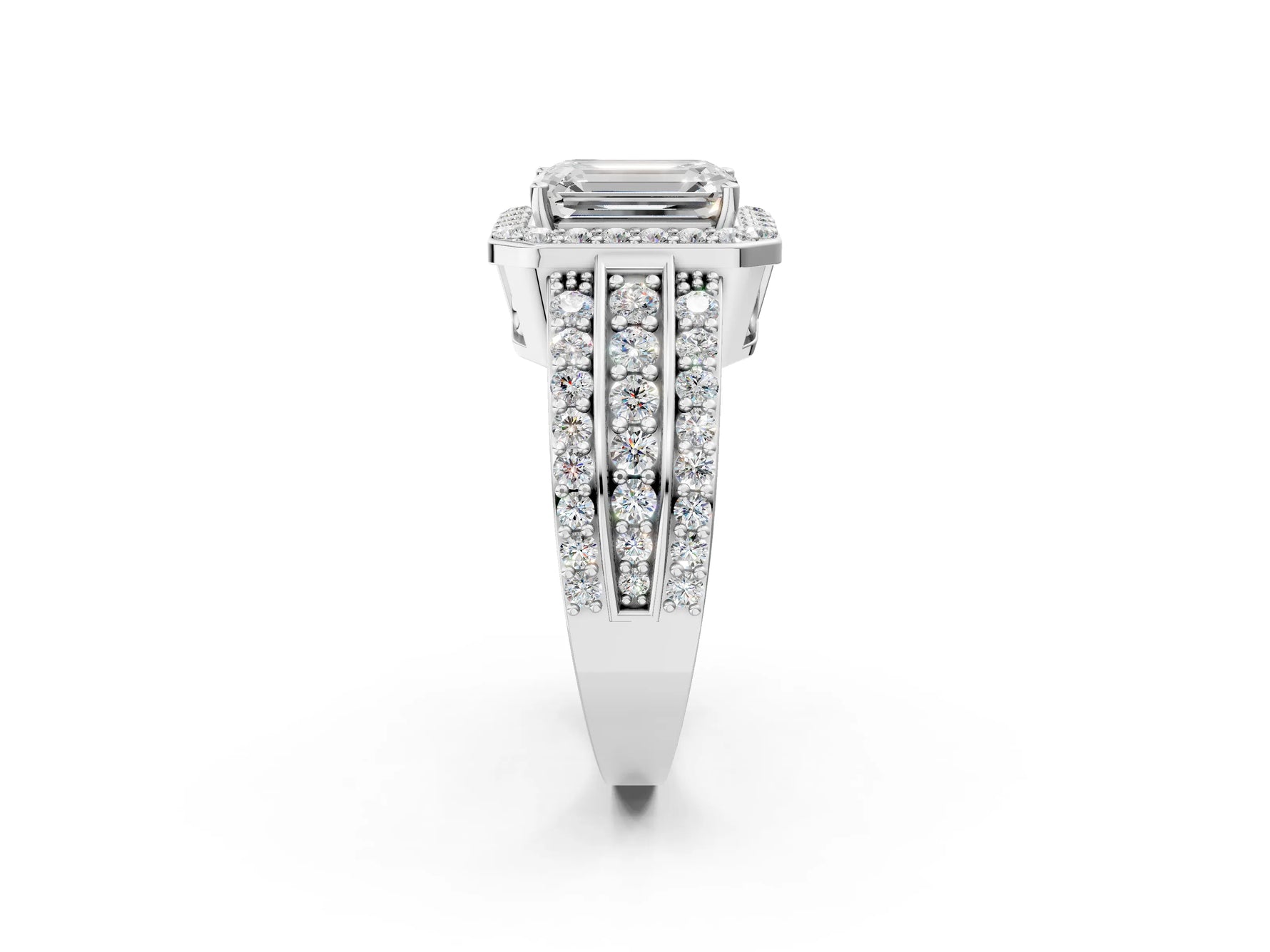 Emerald Cut Diamond Halo Engagement Ring in White gold with Triple-Row Round Band_20
