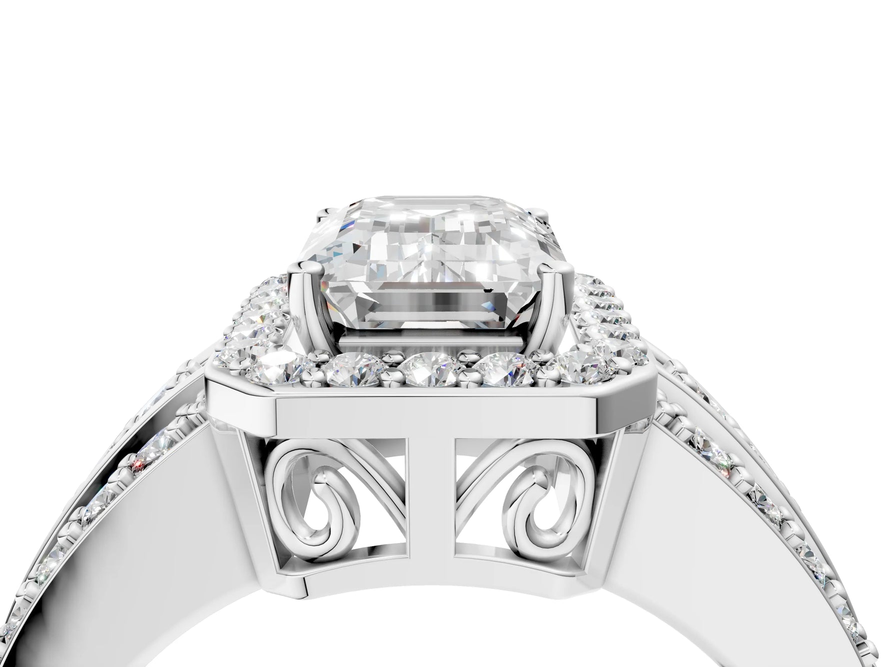 Emerald Cut Diamond Halo Engagement Ring in White gold with Triple-Row Round Band_22