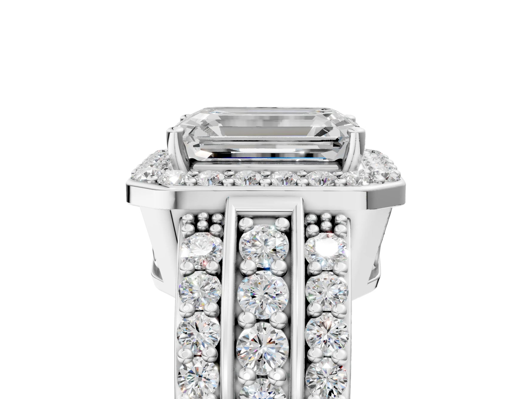 Emerald Cut Diamond Halo Engagement Ring in White gold with Triple-Row Round Band_23