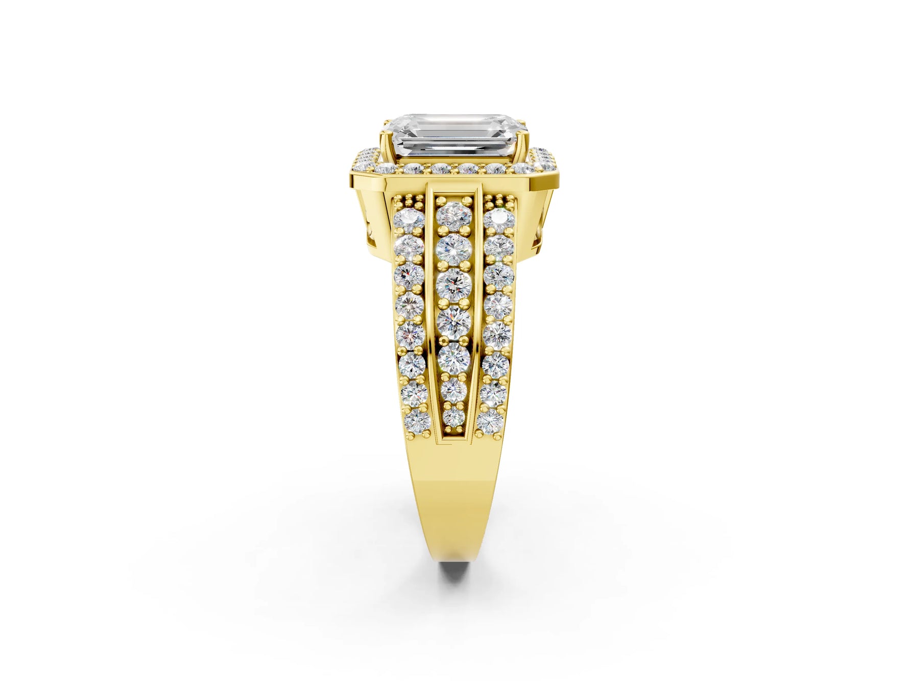 Emerald Cut Diamond Halo Engagement Ring in Yellow gold with Triple-Row Round Band_20