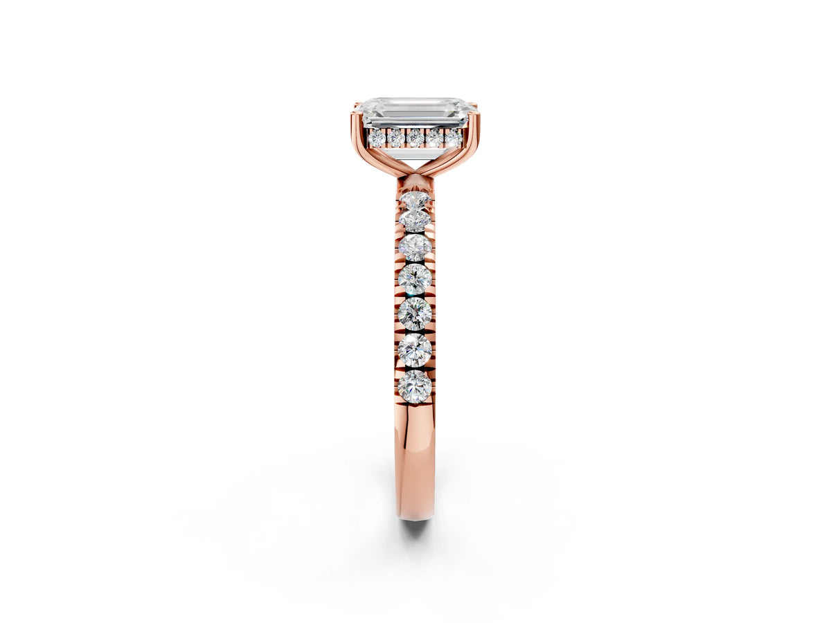 Emerald Cut Diamond Hidden Halo Engagement Ring in Rose gold with Round Pavé Band_14