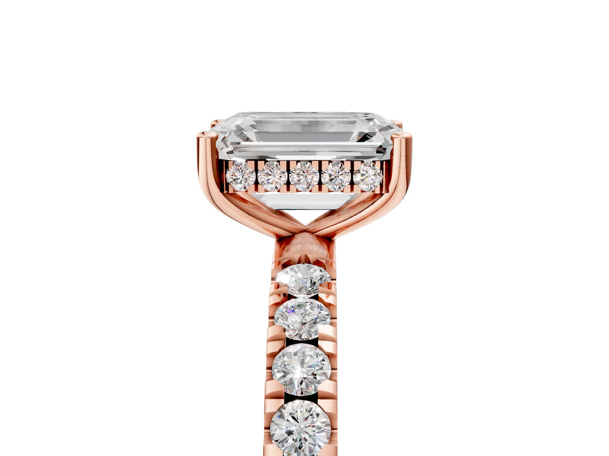 Emerald Cut Diamond Hidden Halo Engagement Ring in Rose gold with Round Pavé Band_17