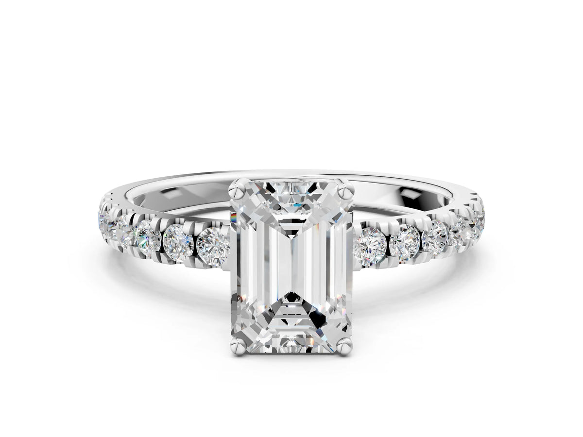 Emerald Cut Diamond Hidden Halo Engagement Ring in White gold with Round Pavé Band_12
