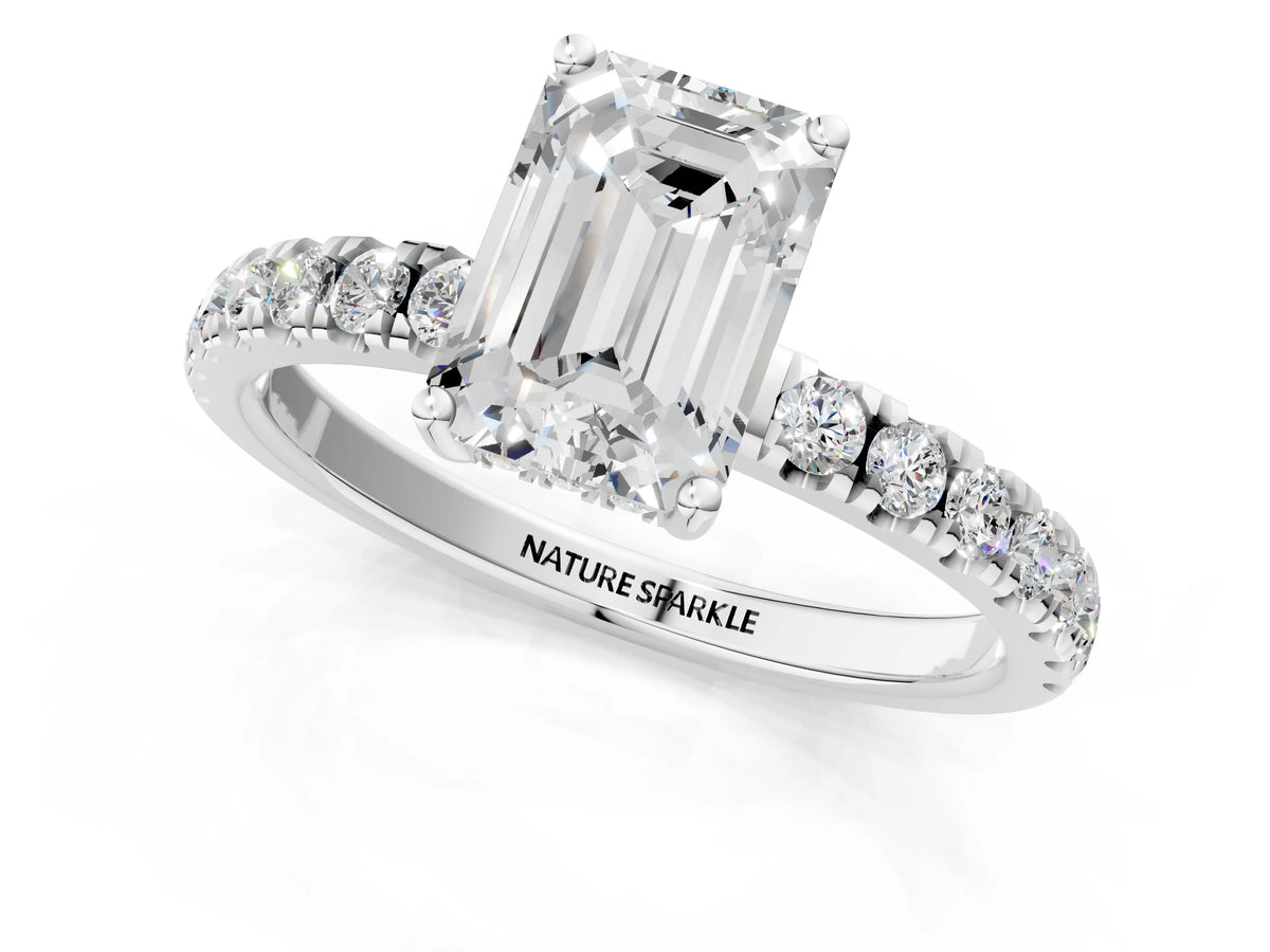 Emerald Cut Diamond Hidden Halo Engagement Ring in White gold with Round Pavé Band_13