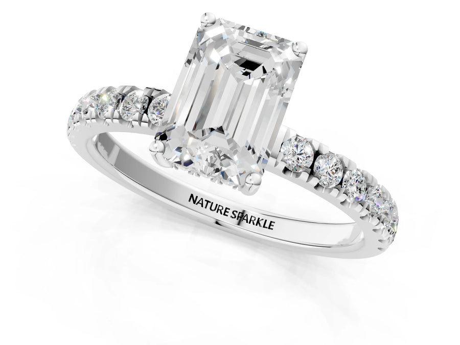 Emerald Cut Diamond Hidden Halo Engagement Ring in Silver with Round Pavé Band