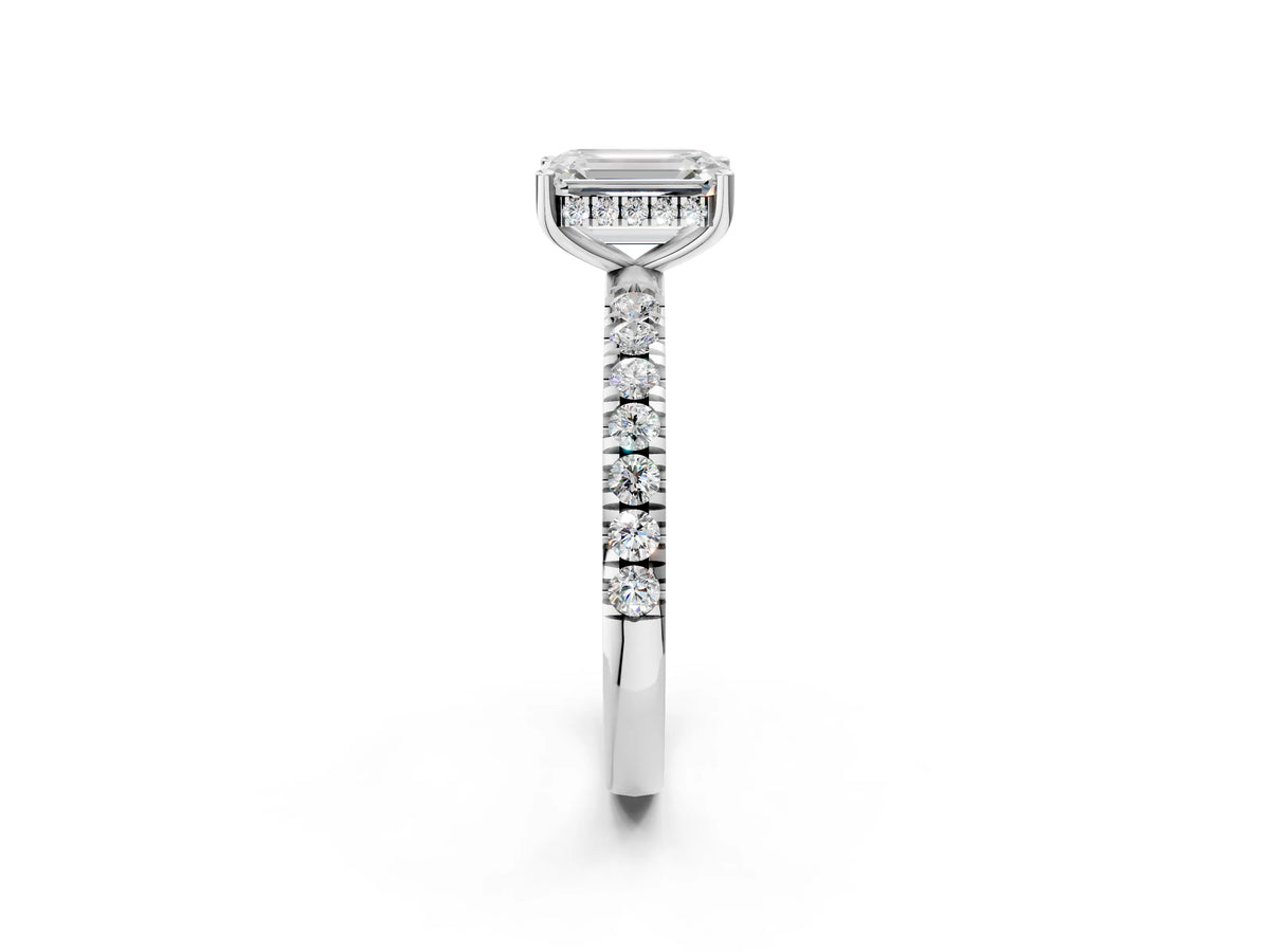 Emerald Cut Diamond Hidden Halo Engagement Ring in White gold with Round Pavé Band_14