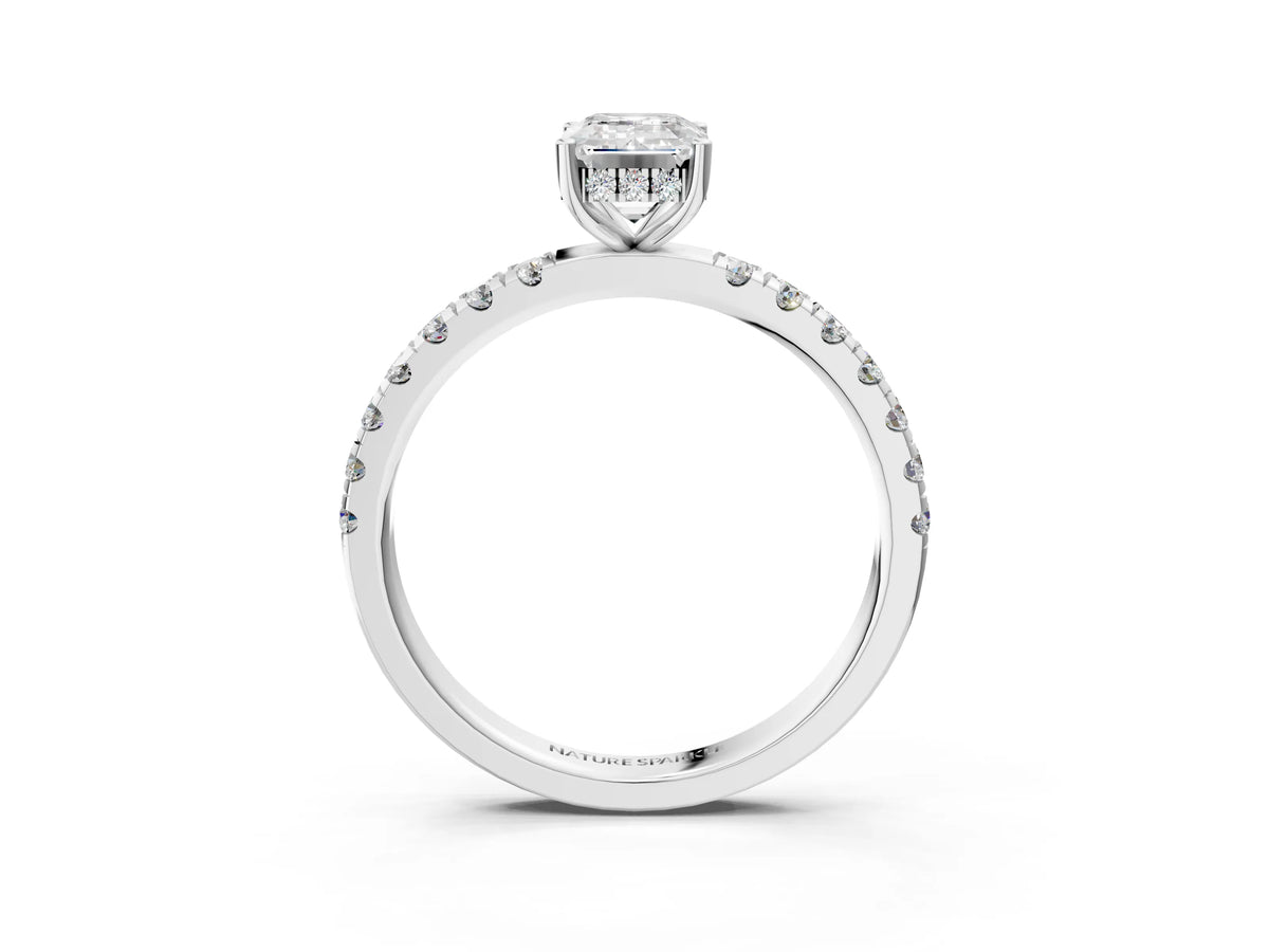 Emerald Cut Diamond Hidden Halo Engagement Ring in White gold with Round Pavé Band_15