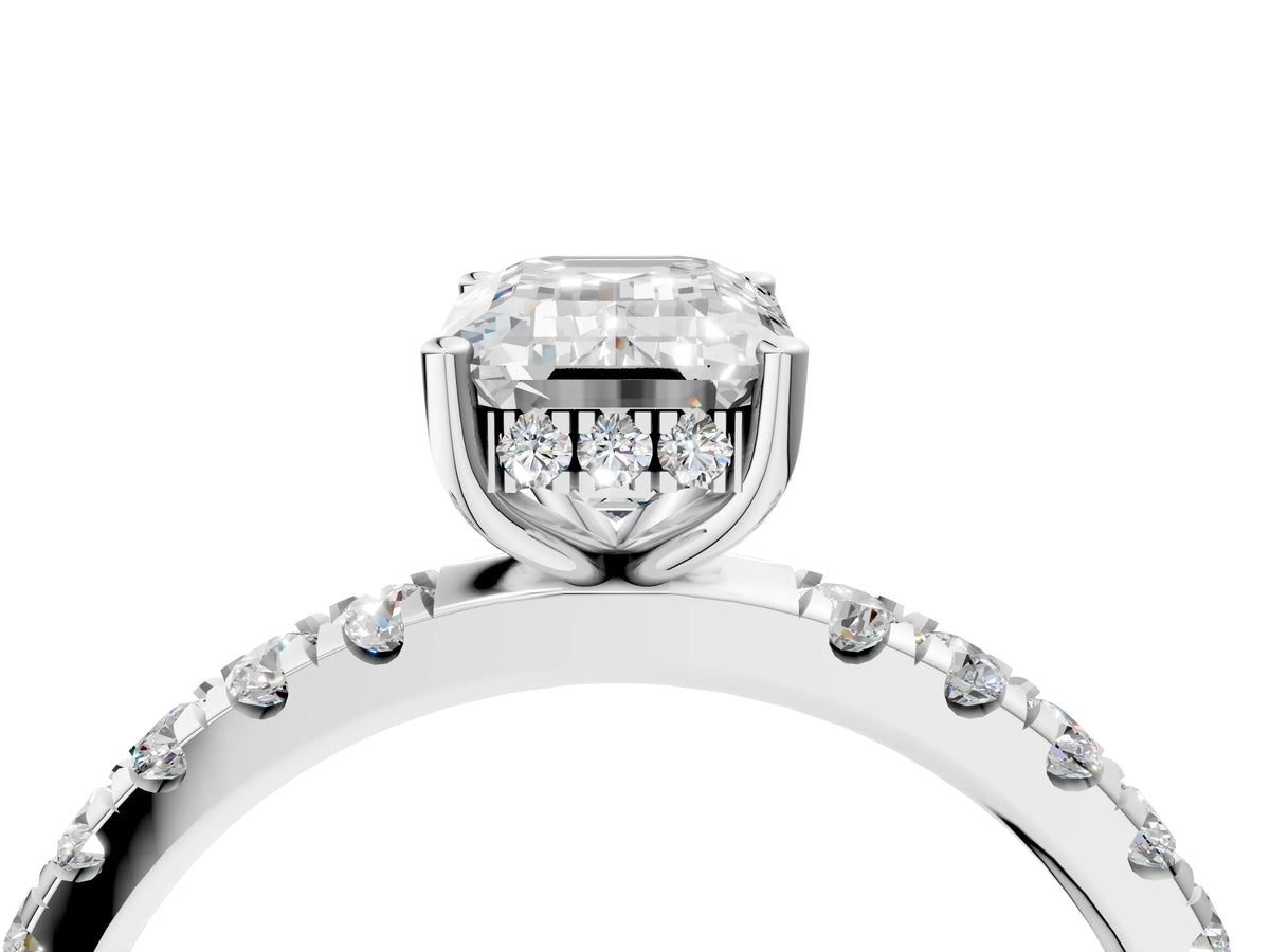 Emerald Cut Diamond Hidden Halo Engagement Ring in White gold with Round Pavé Band_16