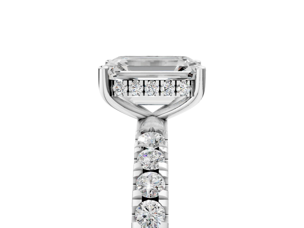 Emerald Cut Diamond Hidden Halo Engagement Ring in White gold with Round Pavé Band_17