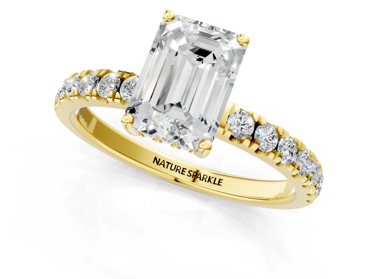 Emerald Cut Diamond Hidden Halo Engagement Ring in Yellow gold with Round Pavé Band_19