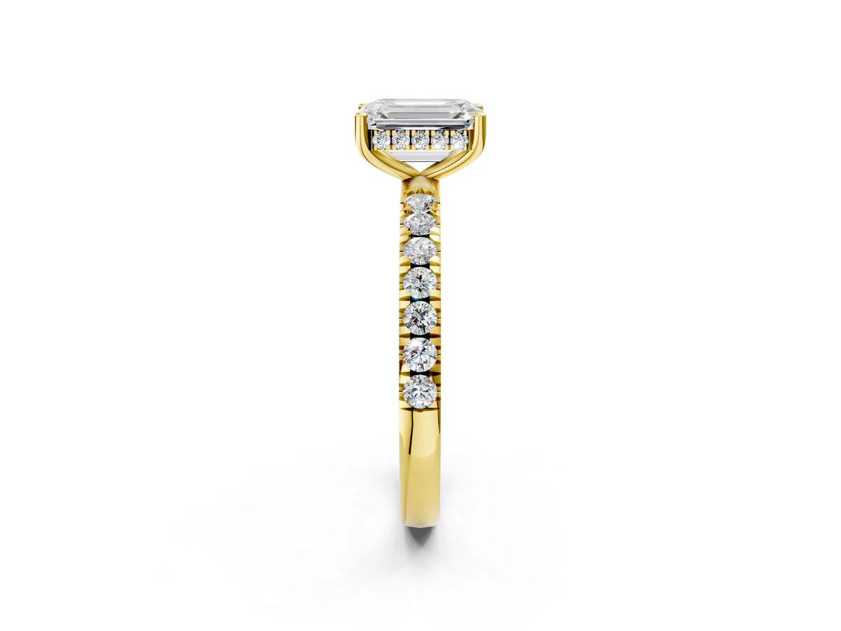Emerald Cut Diamond Hidden Halo Engagement Ring in Yellow gold with Round Pavé Band_20