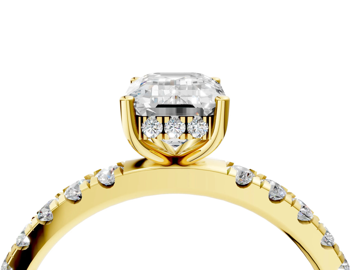 Emerald Cut Diamond Hidden Halo Engagement Ring in Yellow gold with Round Pavé Band_22