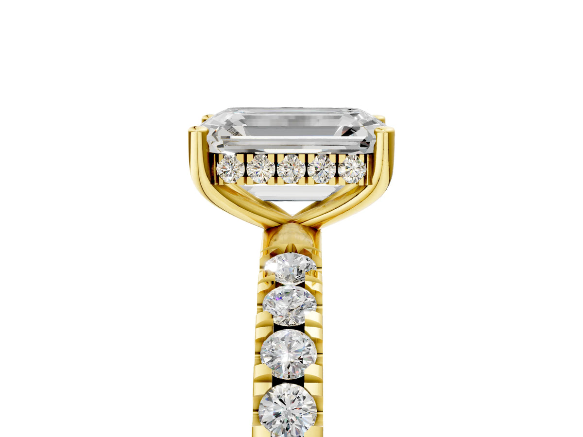 Emerald Cut Diamond Hidden Halo Engagement Ring in Yellow gold with Round Pavé Band_23