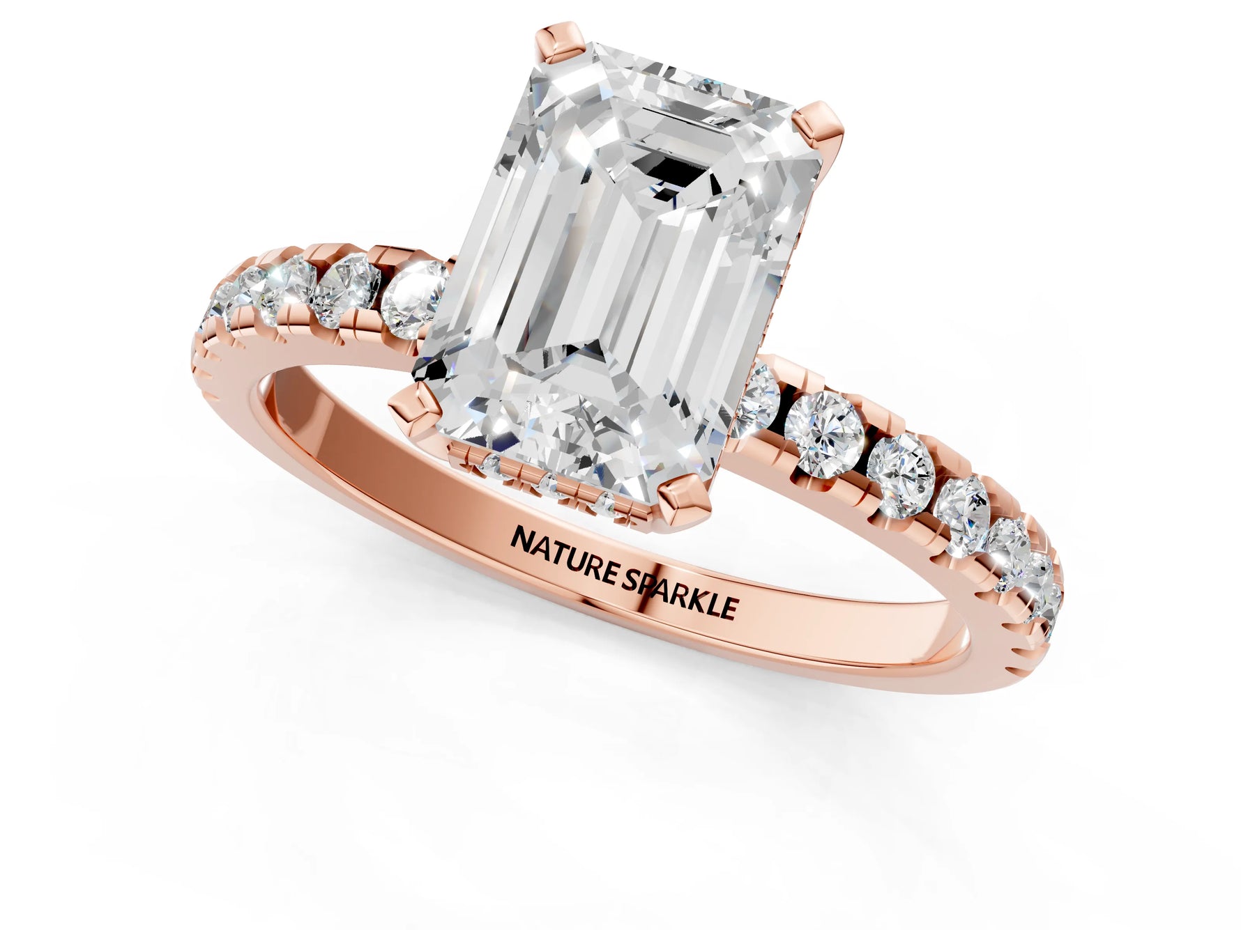 Emerald Cut Diamond Hidden Halo Solitaire Ring in Rose gold with Round Pavé Band and Prong Setting_25