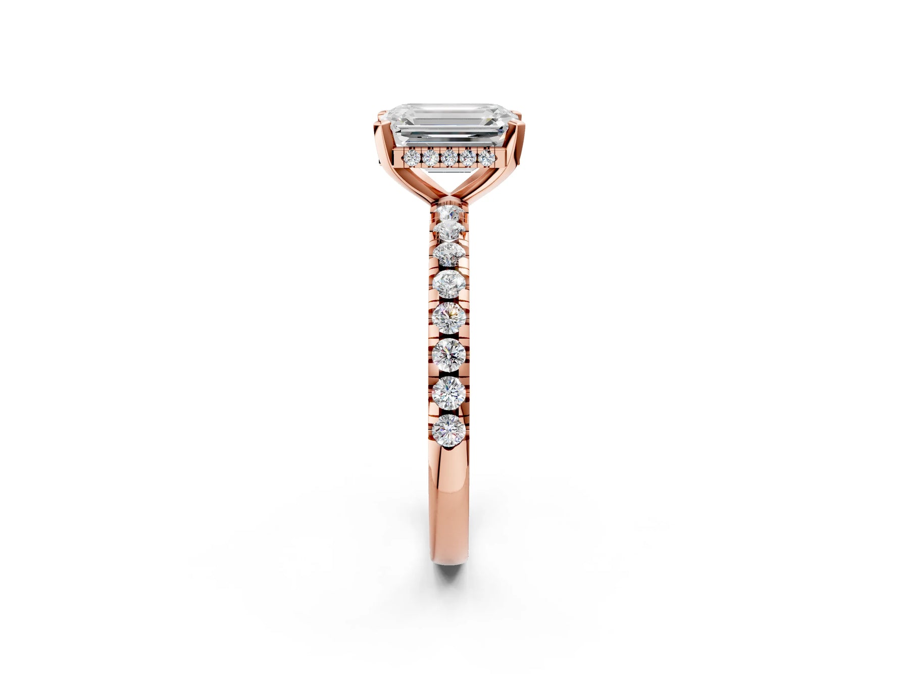 Emerald Cut Diamond Hidden Halo Solitaire Ring in Rose gold with Round Pavé Band and Prong Setting_26