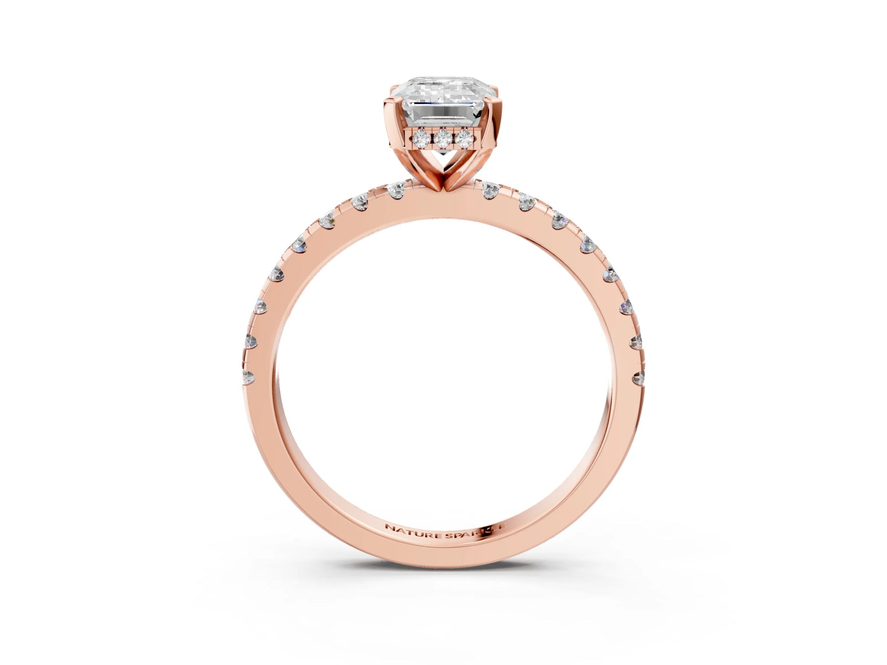 Emerald Cut Diamond Hidden Halo Solitaire Ring in Rose gold with Round Pavé Band and Prong Setting_27