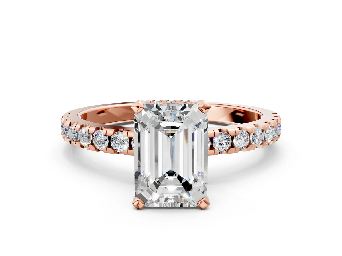 Emerald Cut Diamond Hidden Halo Solitaire Ring in Rose gold with Round Pavé Band and Prong Setting_36