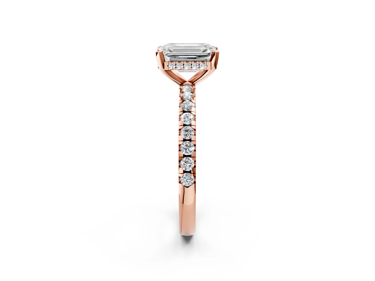 Emerald Cut Diamond Hidden Halo Solitaire Ring in Rose gold with Round Pavé Band and Prong Setting_38